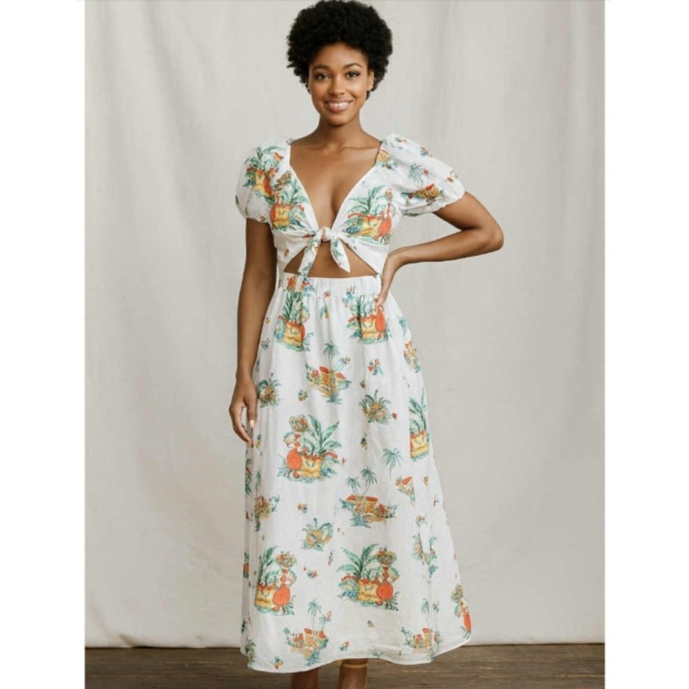 Karavan Tie Front Maxi Dress Fruit Basket Woman Medium Tropical Rare‎ Print